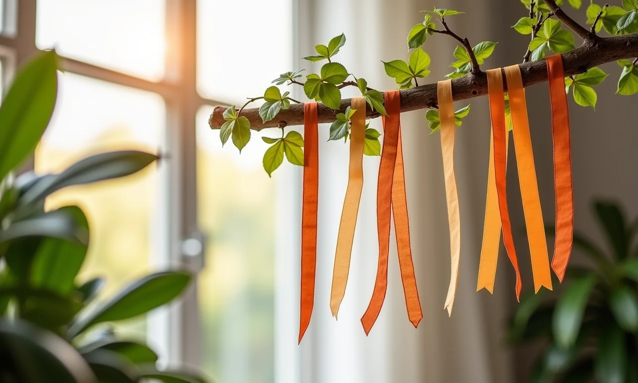 Galho seco decorado com laços pendurados, artesanato brasileiro.