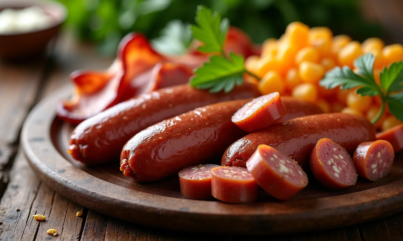 Galinhada com linguiça e bacon em mesa de madeira rústica.