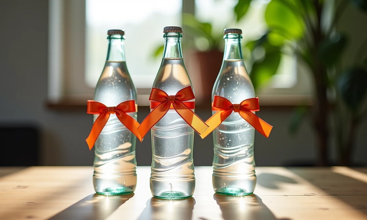 Garrafas PET customizadas organizando laços, decoração brasileira.