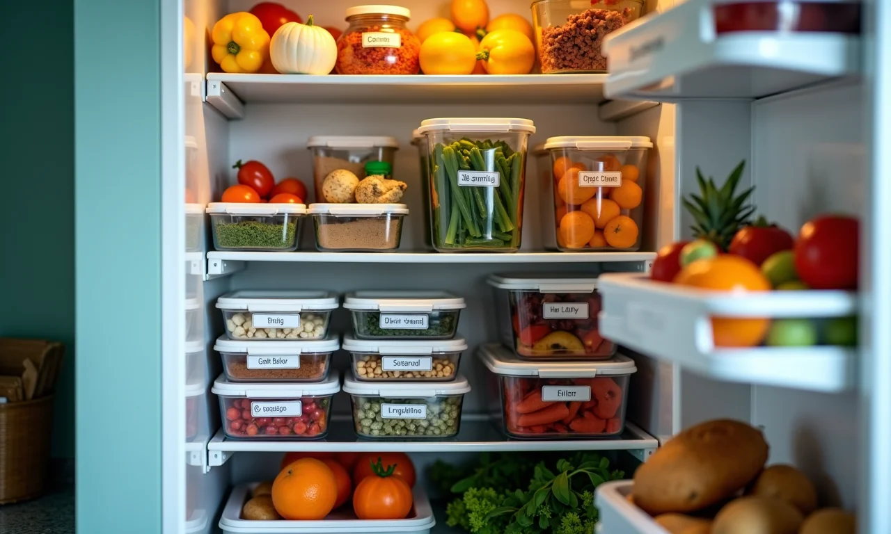 Geladeira organizada com potes de comida pronta.