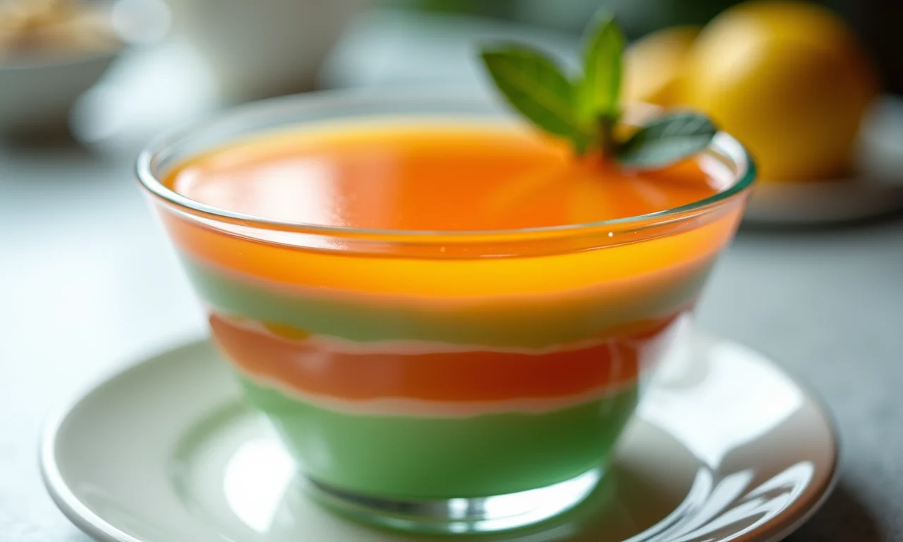 Gelatina colorida em camadas vibrantes em uma tigela de vidro.