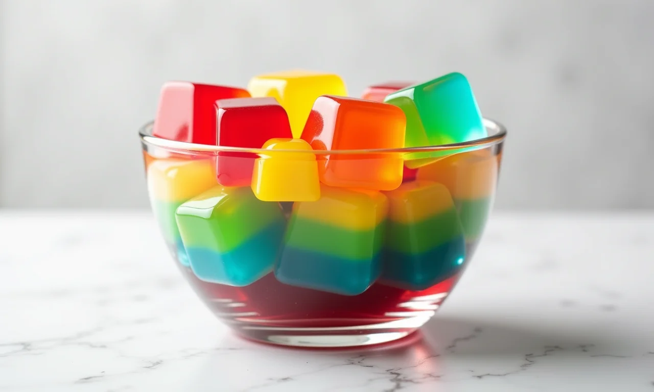 Gelatina colorida em cubos em tigela de vidro.