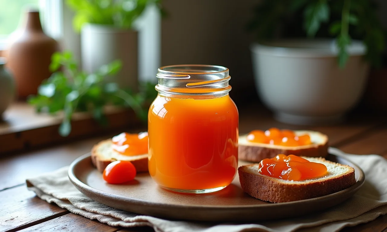Geleia caseira de bacupari em pote de vidro, com torrada.