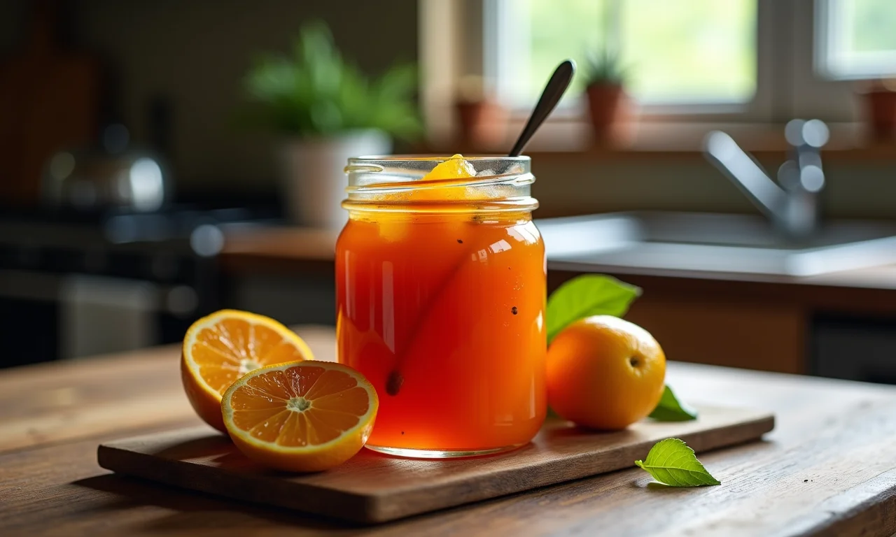 Geleia caseira de seriguela em um pote de vidro.