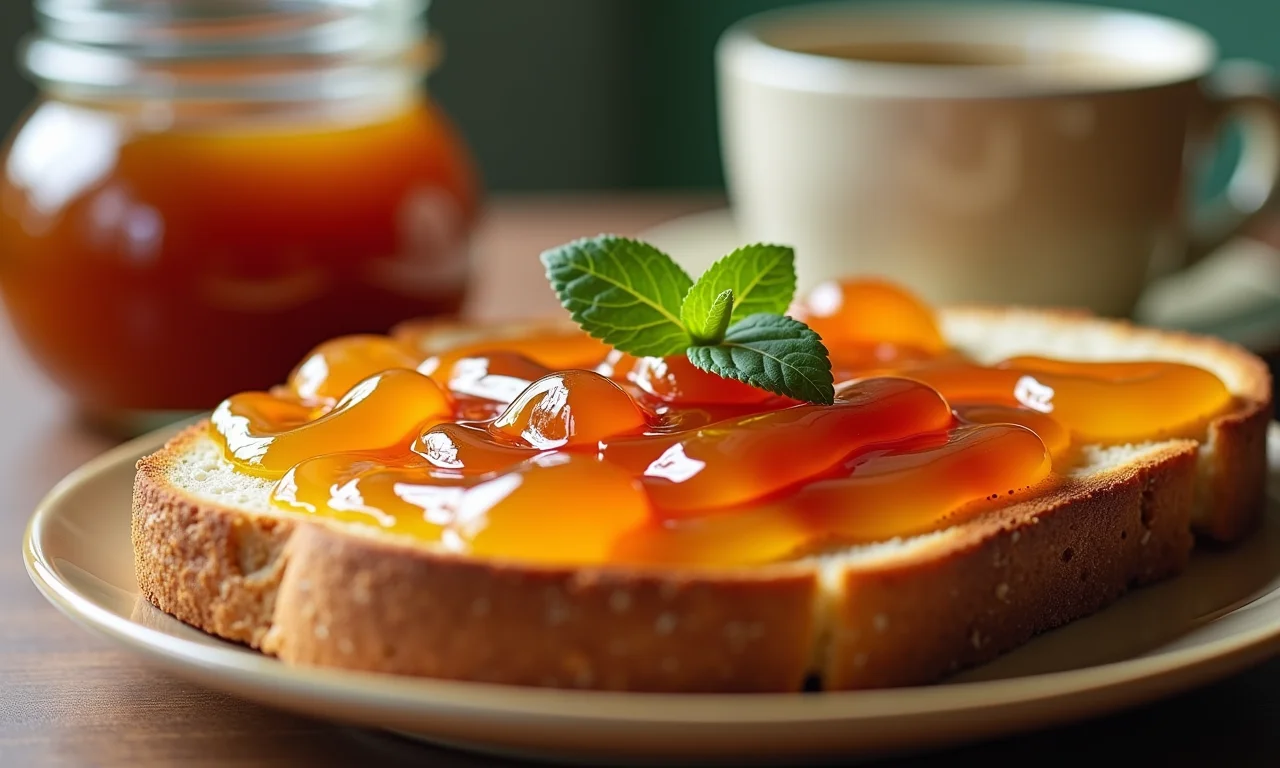 Geleia de buriti em uma torrada, com café e pão.