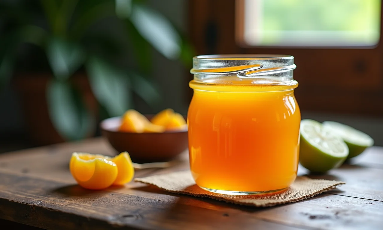 Geleia de cajá caseira em pote de vidro.