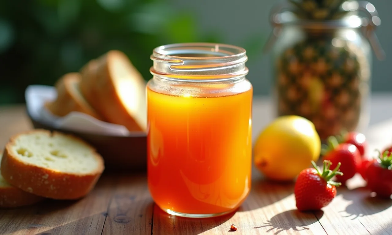 Geleia de cambuci caseira em pote de vidro, pão fresco na mesa.