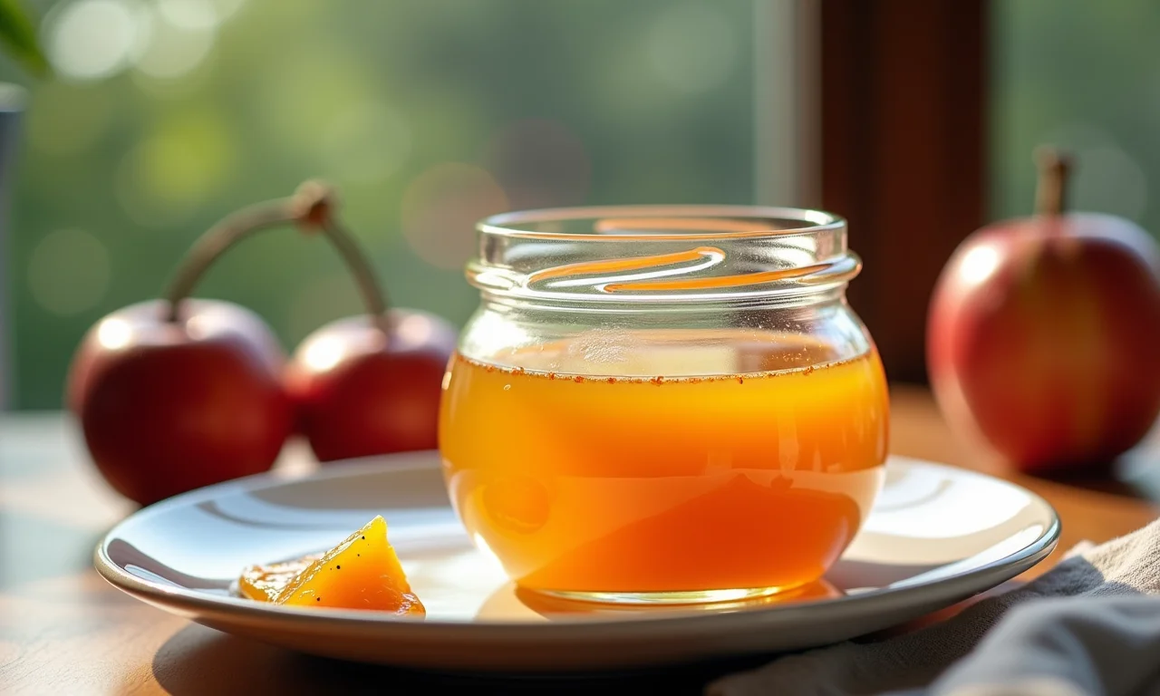 Geleia de cubiu em um pote de vidro, sobre uma mesa de café da manhã com elementos de design brasileiro.