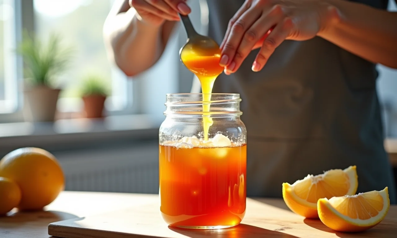 Geleia de grumixama caseira sendo colocada em um pote de vidro.