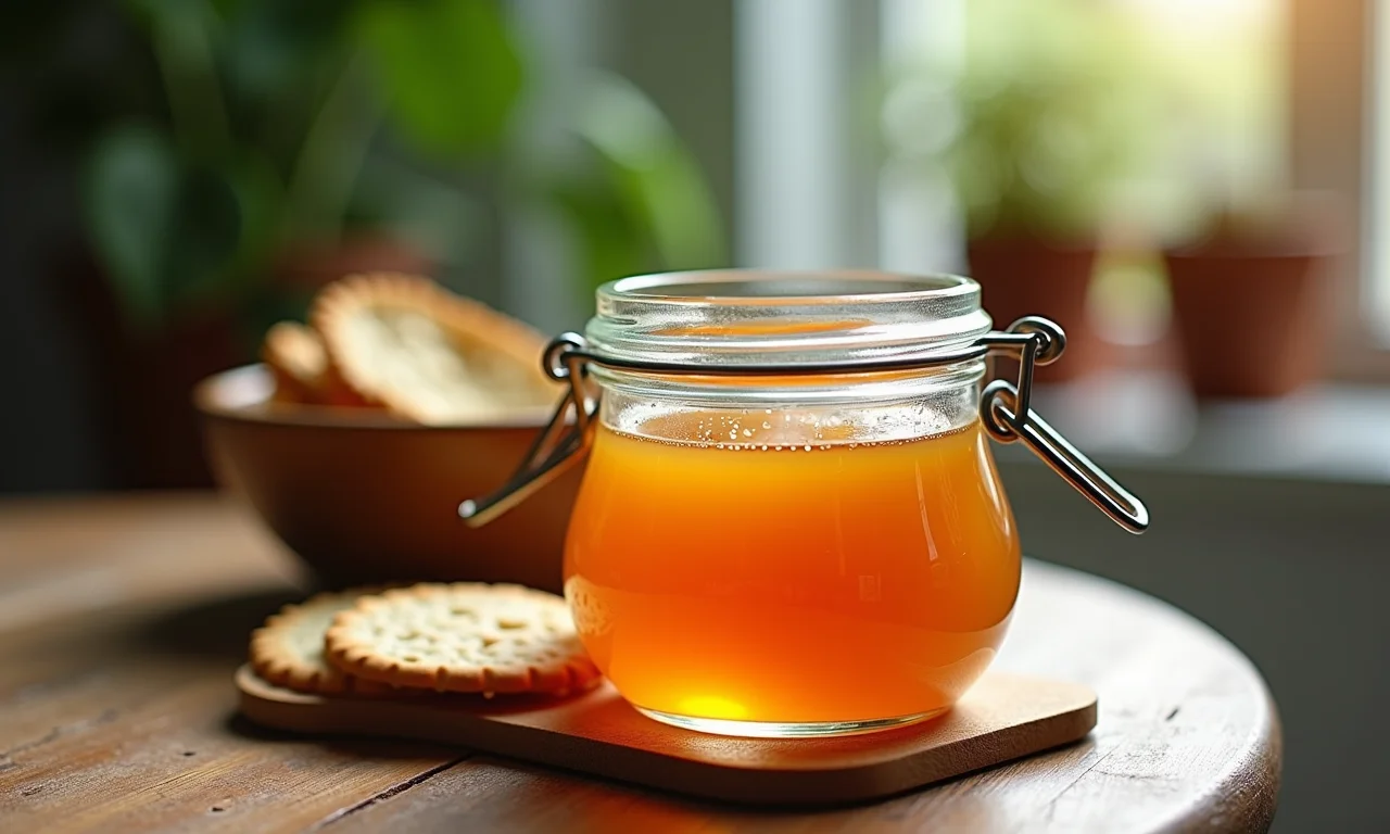 Geleia de ingá caseira em pote de vidro com pães e biscoitos.