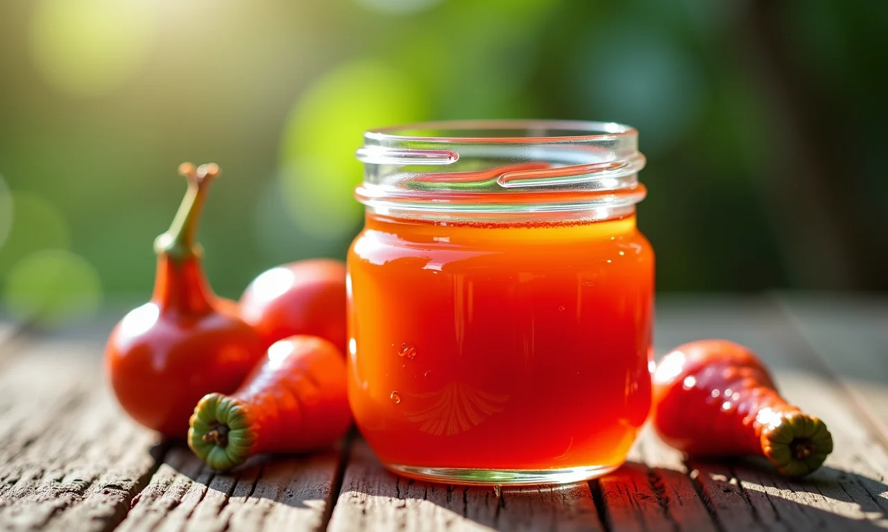 Geleia de lichia caseira em pote de vidro sobre mesa rústica, com iluminação natural.