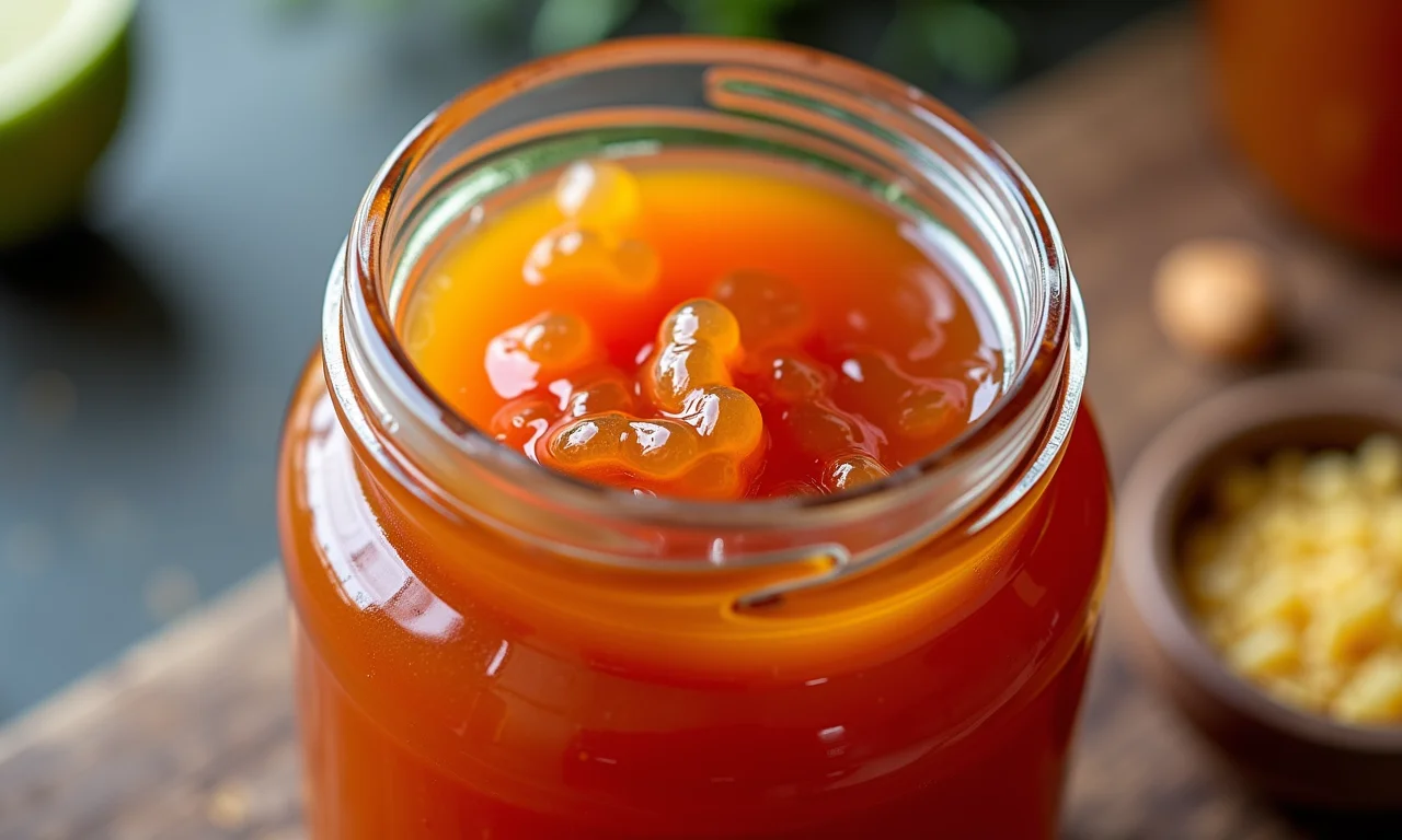 Geleia de pitomba caseira em um pote de vidro.
