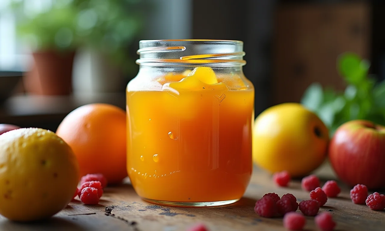 Geleia de sete-capotes caseira em pote de vidro, em uma cozinha rústica brasileira.