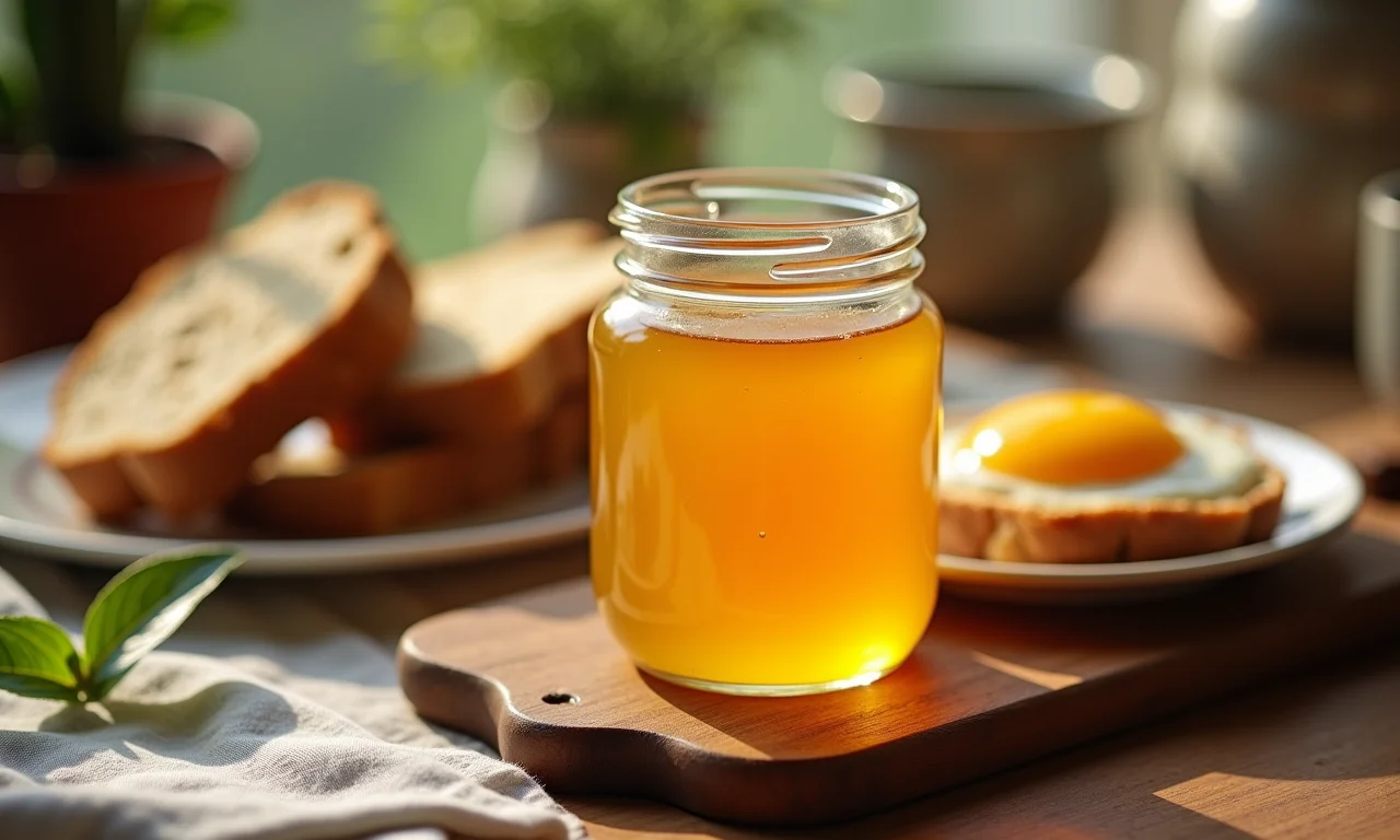 Geleia de Tarumã dourada em um pote, pronta para ser saboreada no café da manhã.
