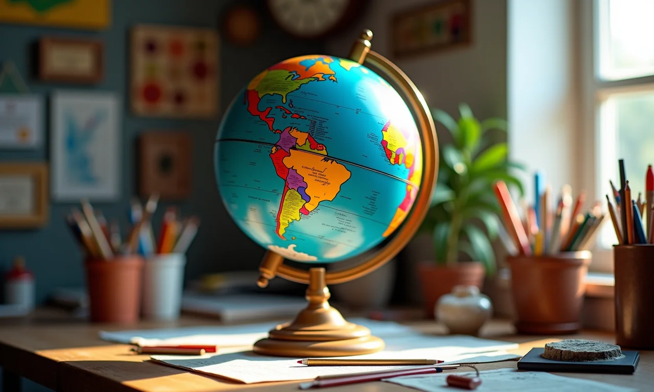 Globo de bexiga finalizado em uma mesa com materiais de arte e decoração brasileira.