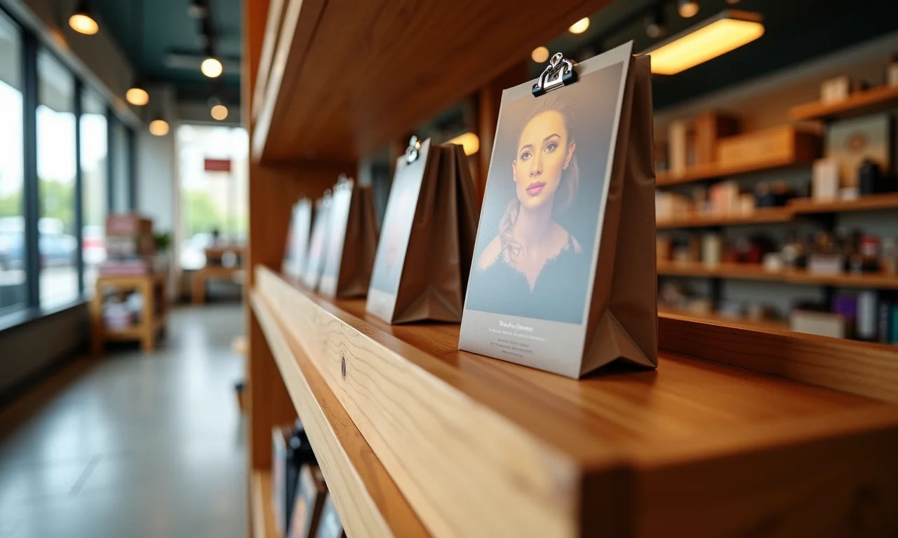 Gôndolas de madeira em loja exibindo produtos.
