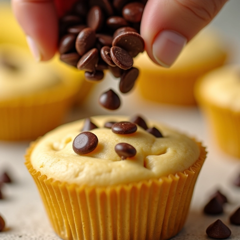 Gotas de chocolate Nestlé sendo adicionadas à massa de muffins de banana.