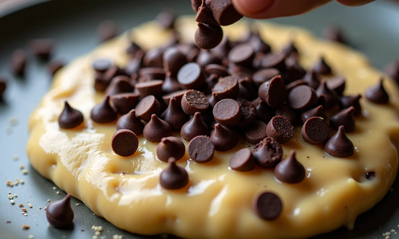 Gotas de chocolate sendo misturadas à massa para um sequilho irresistível.