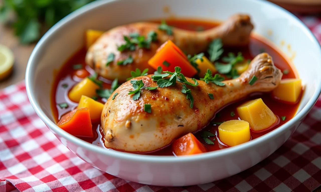 Goulash de frango com legumes frescos e coloridos.