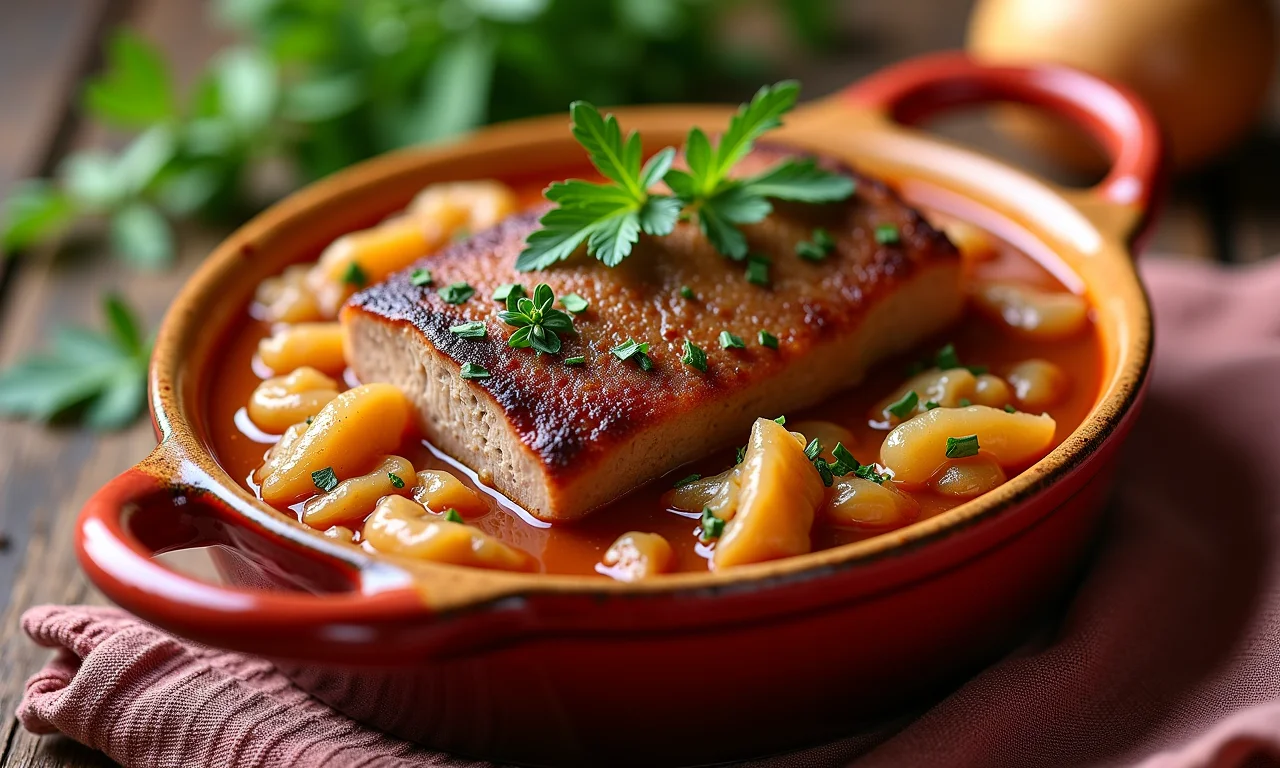 Goulash de lombo de porco com chucrute em prato de cerâmica.