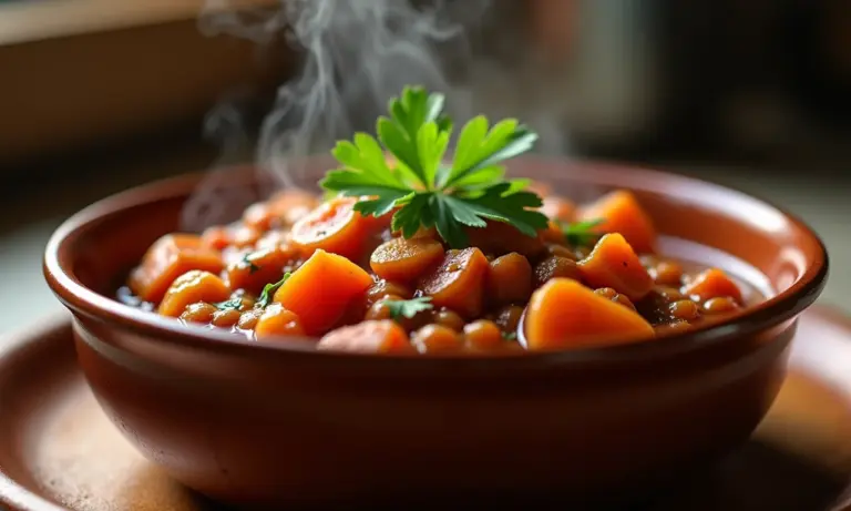 Goulash húngaro fumegante em tigela rústica, com salsa fresca.