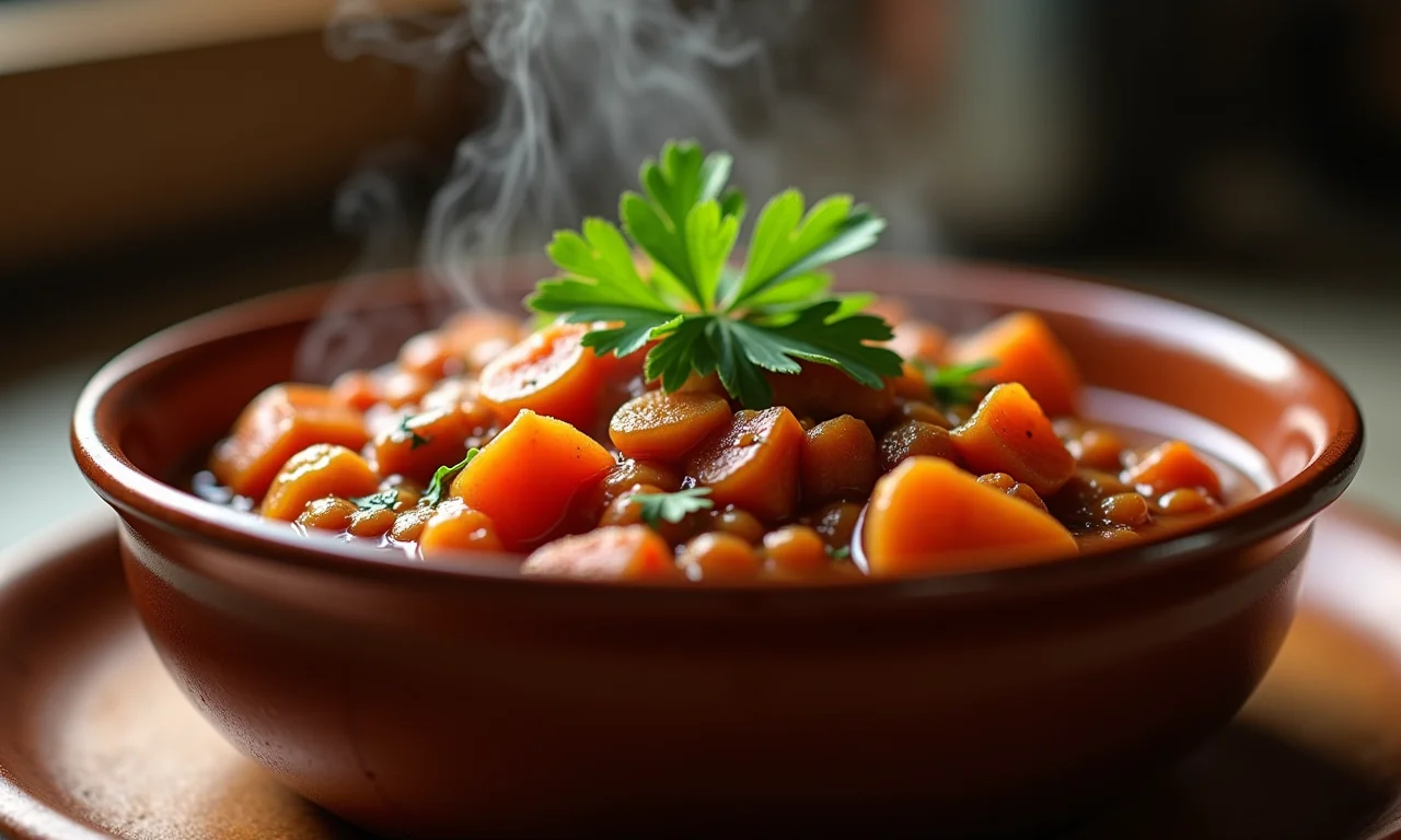 Goulash húngaro fumegante em tigela rústica, com salsa fresca.
