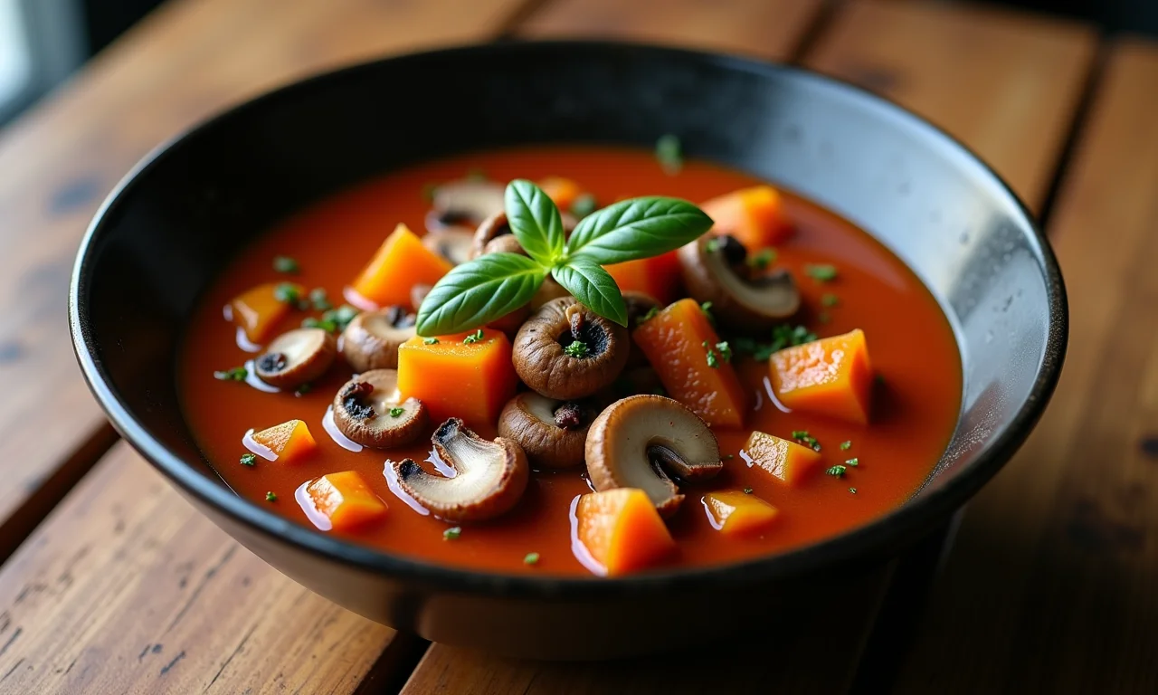 Goulash vegano com cogumelos frescos e ervas aromáticas.