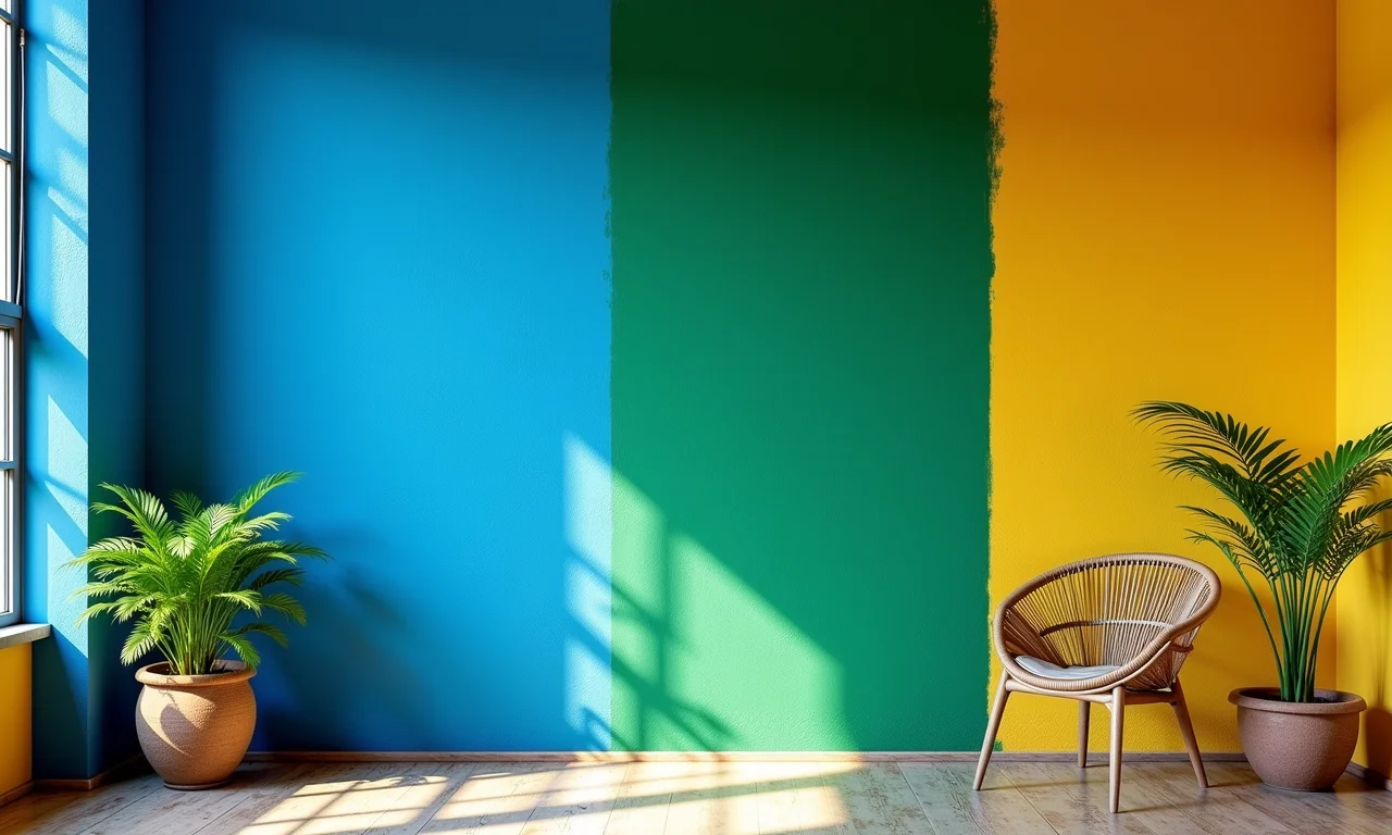 Grafiato colorido em paredes: azul, verde e amarelo, adicionando personalidade e estilo.