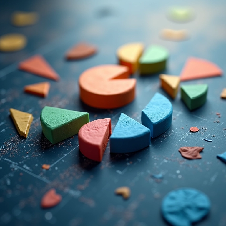 Gráficos de setores representando dados de anos diferentes se sobrepondo, sutil.