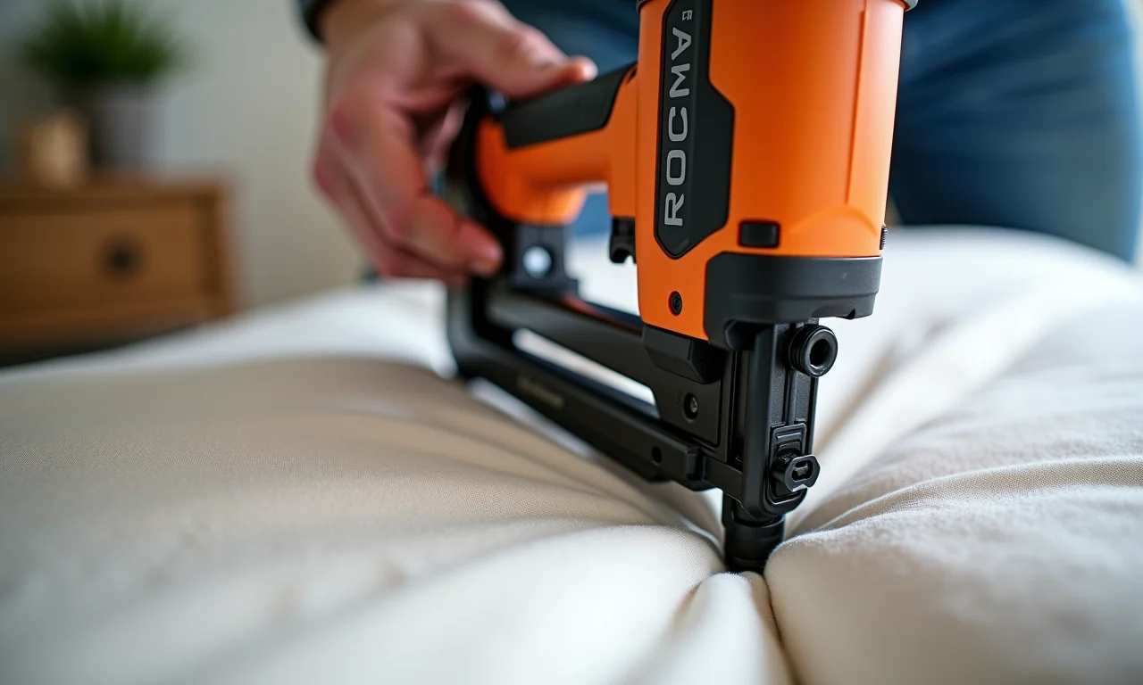 Grampeador de Tapeceiro Rocama PC-53 fixando tecido em box de colchão.