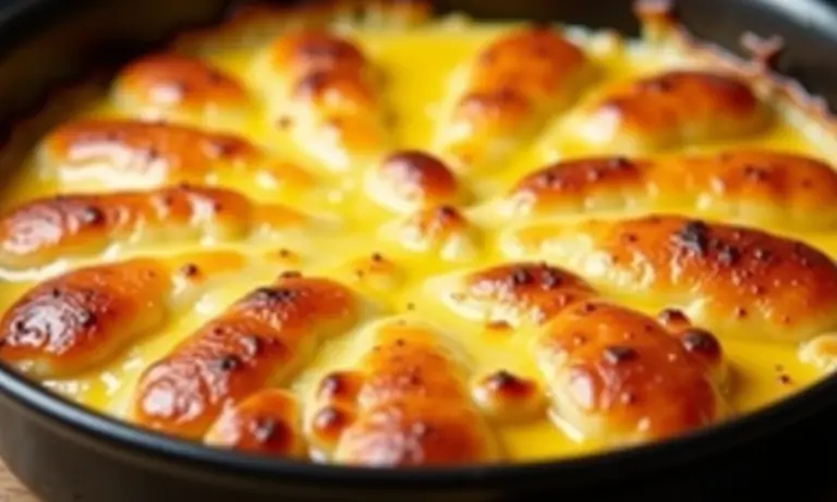 Gratinado com crosta dourada e queijo borbulhante saindo do forno.