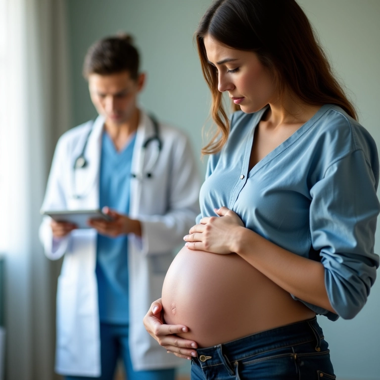 Grávida segurando a barriga, com expressão preocupada.