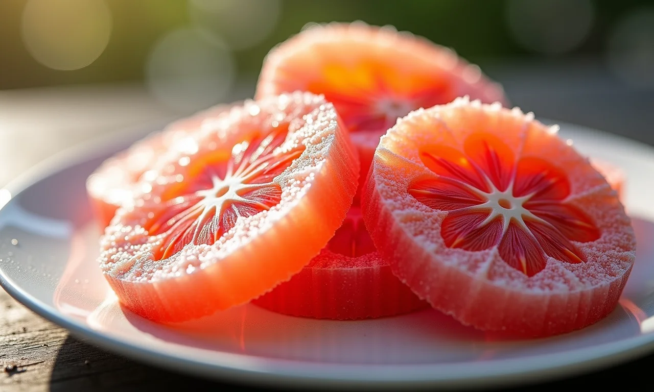 Grumixama cristalizada em fatias em um prato branco.