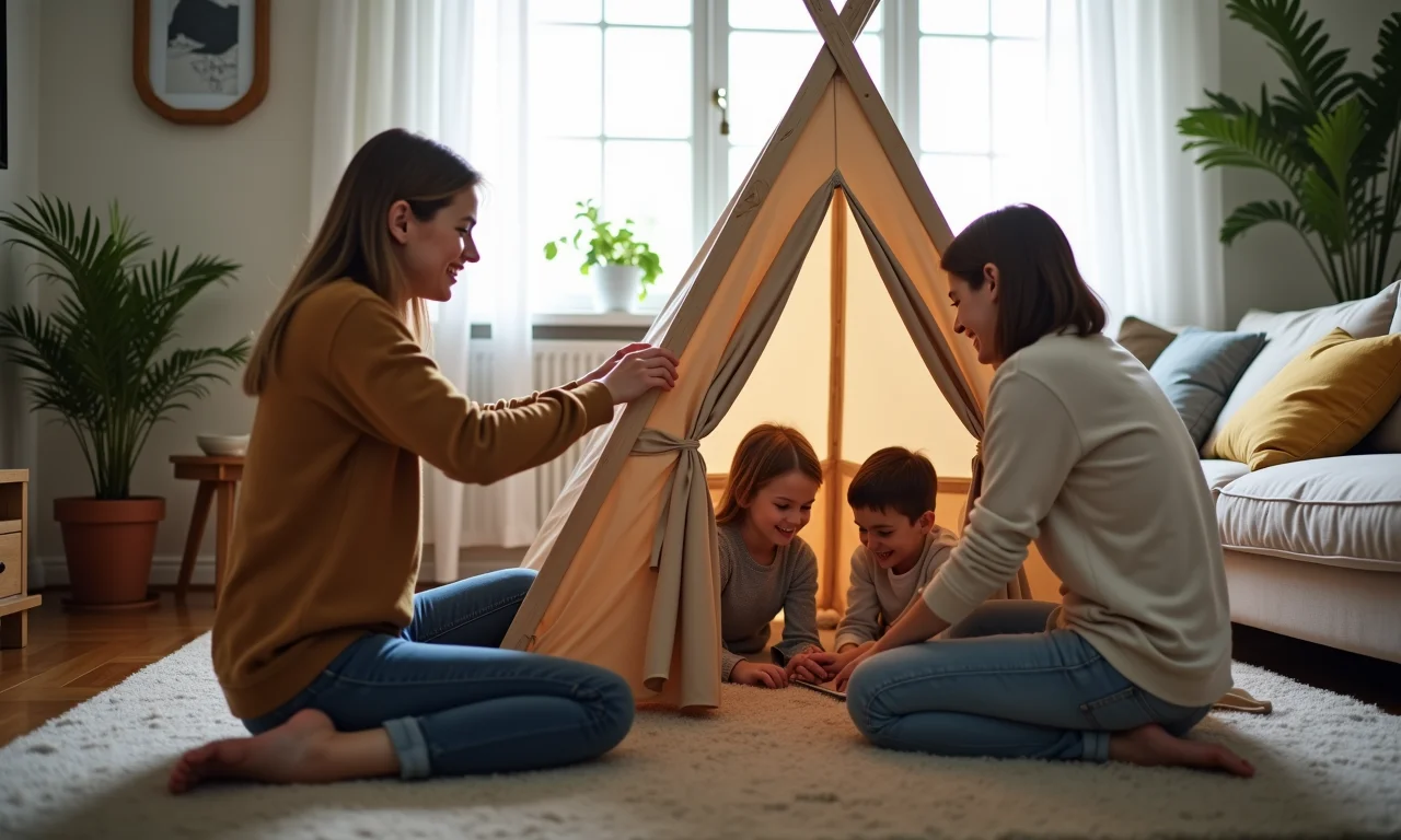 Grupo de adultos construindo uma cabana aconchegante na sala de estar.