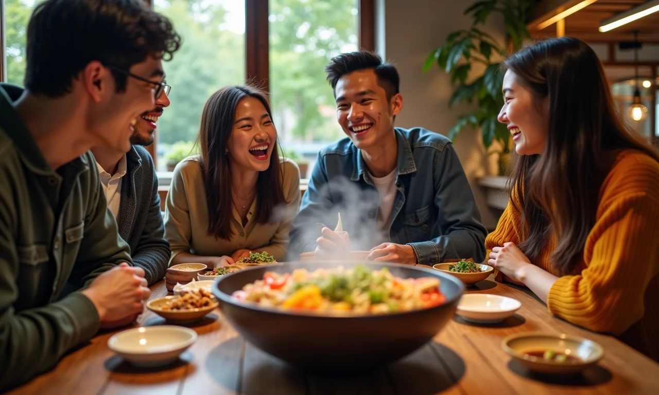 Grupo de amigos saboreando um bibimbap juntos, demonstrando a popularidade do prato coreano.