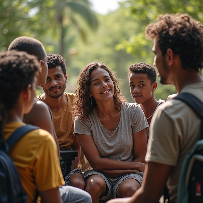 Grupo de brasileiros diversos conversando sobre seus direitos à aposentadoria por invalidez ao ar livre.