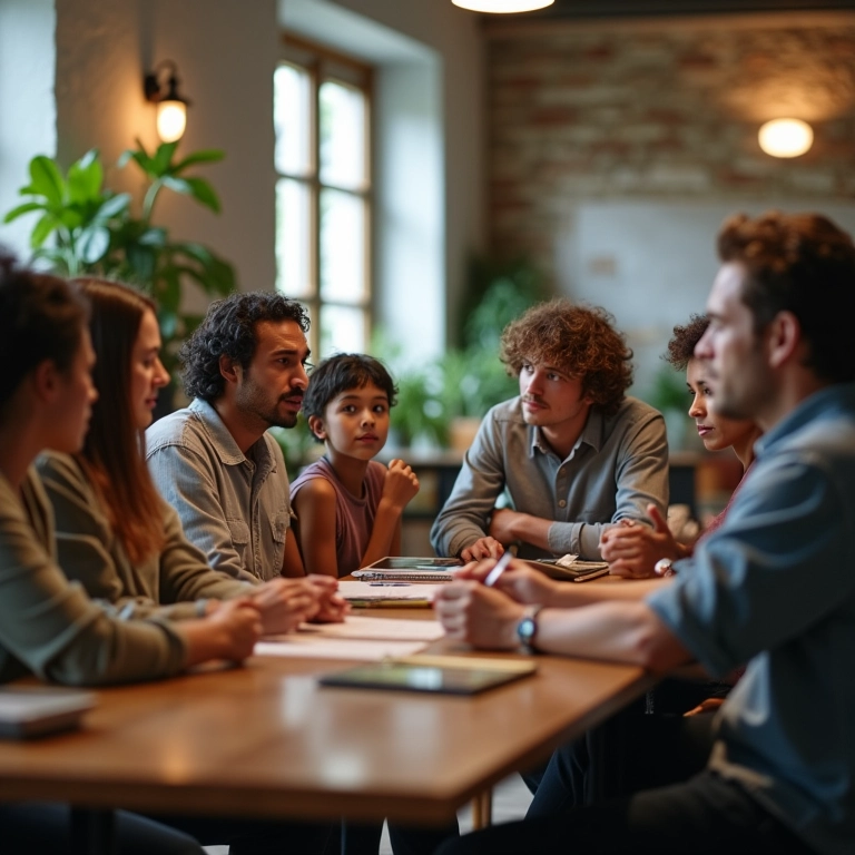 Grupo de pessoas debatendo problemas de trabalho em espaço de coworking.