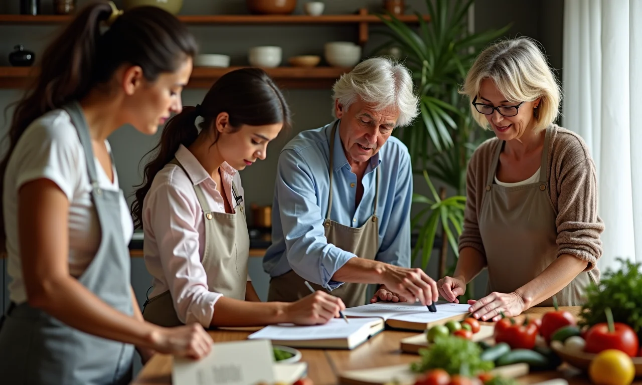 Grupo de pessoas planejando cardápio de almoço de domingo.