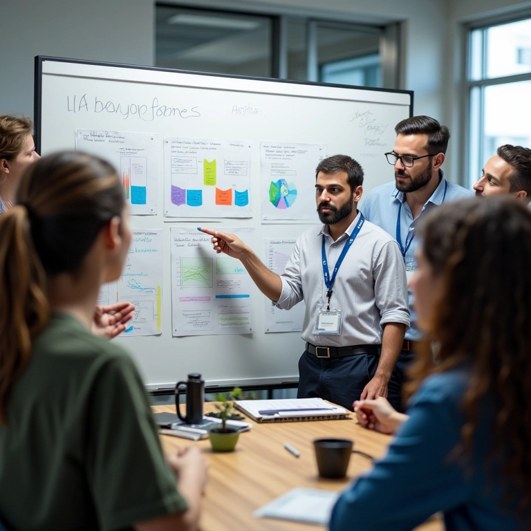 Grupo diverso analisando fatores influenciadores em lousa com gráficos.