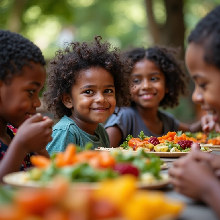 Grupo diverso de brasileiros desfrutando de refeição rica em fibras ao ar livre.