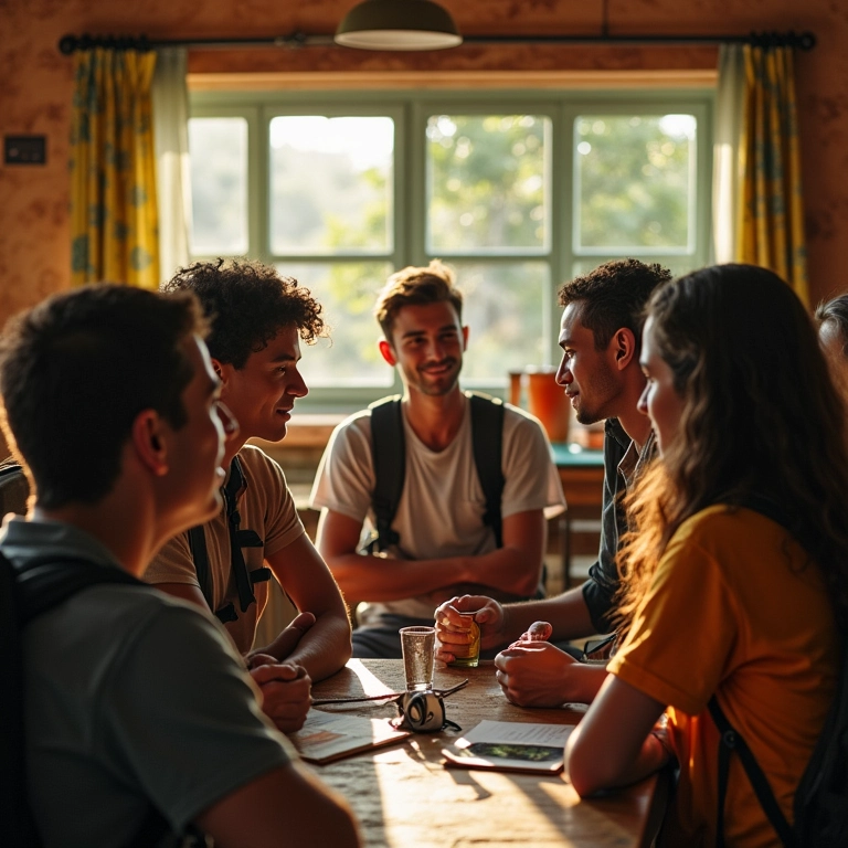 Grupo diverso de mochileiros discutindo estilos de viagem em hostel.