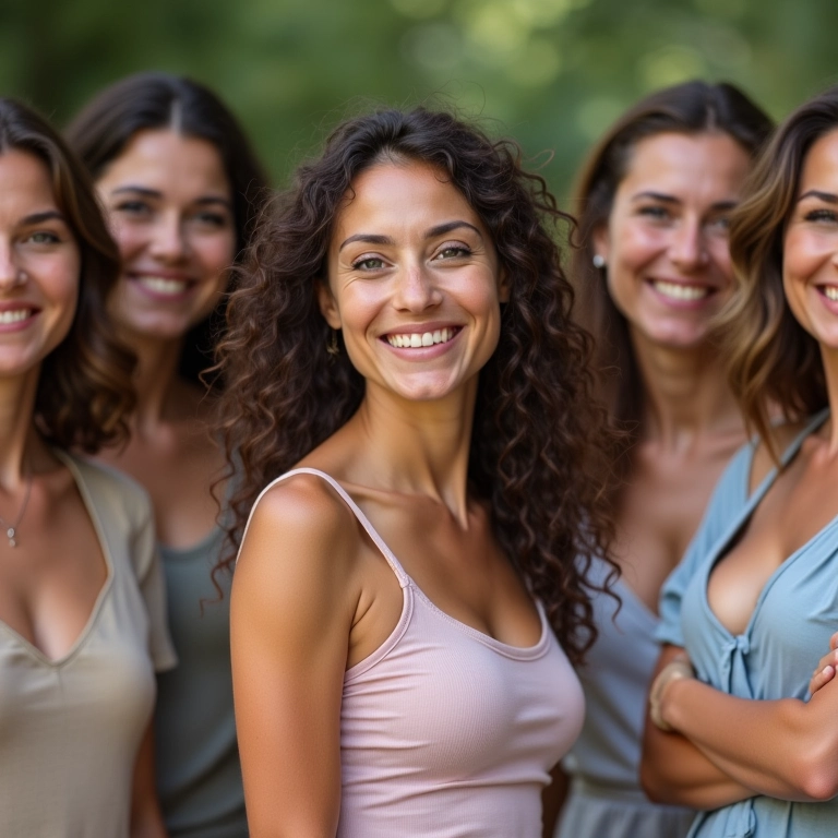 Grupo diverso de mulheres sorrindo e se apoiando, representando a inclusão e aceitação em relação à cirurgia de redução de mama pelo SUS.