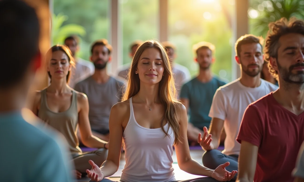 Grupo diverso de pessoas meditando, mostrando que a viagem astral é acessível a todos.