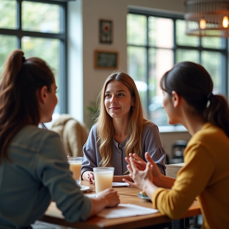 Grupo diverso discutindo necessidades de limpeza em um café brasileiro moderno.
