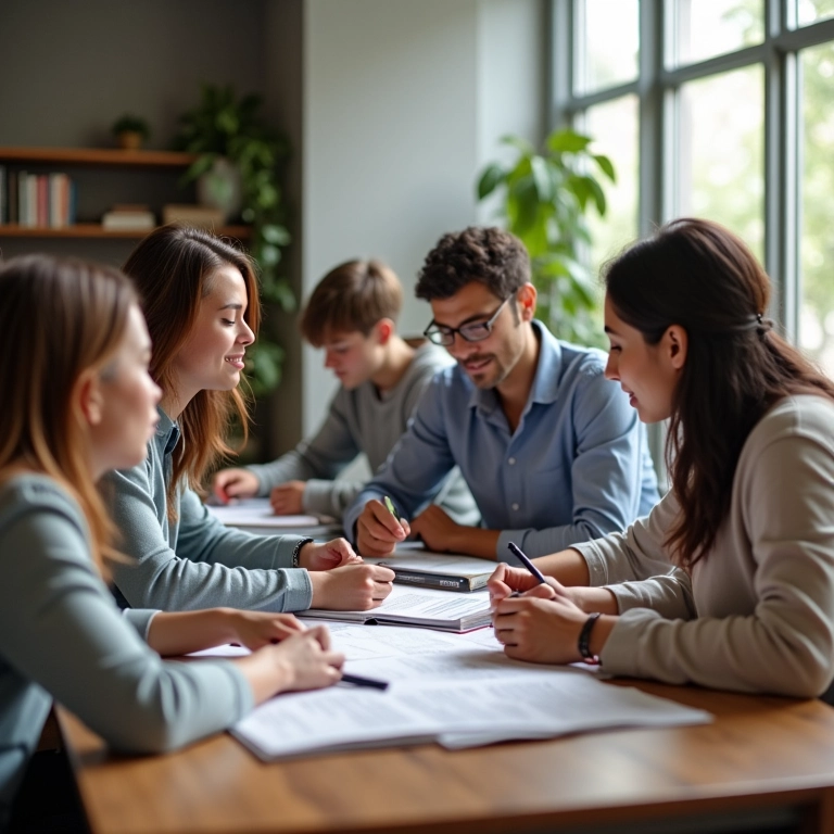 Grupo diverso estudando livros e cursos online sobre finanças.