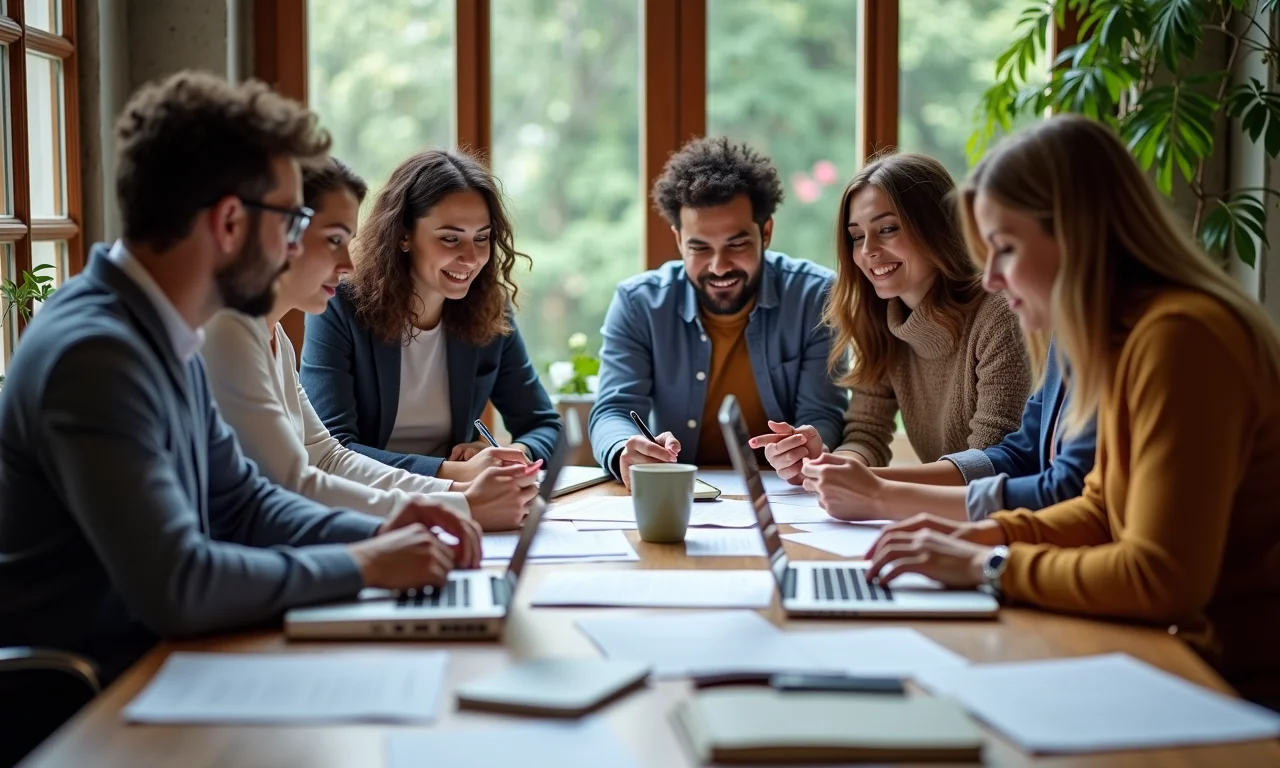Grupo diverso pesquisando e coletando informações para um texto dissertativo.