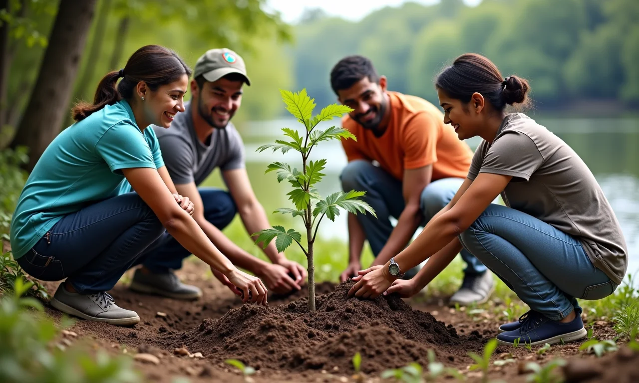 Grupo diverso plantando árvores perto de um rio, promovendo o acesso à água potável.
