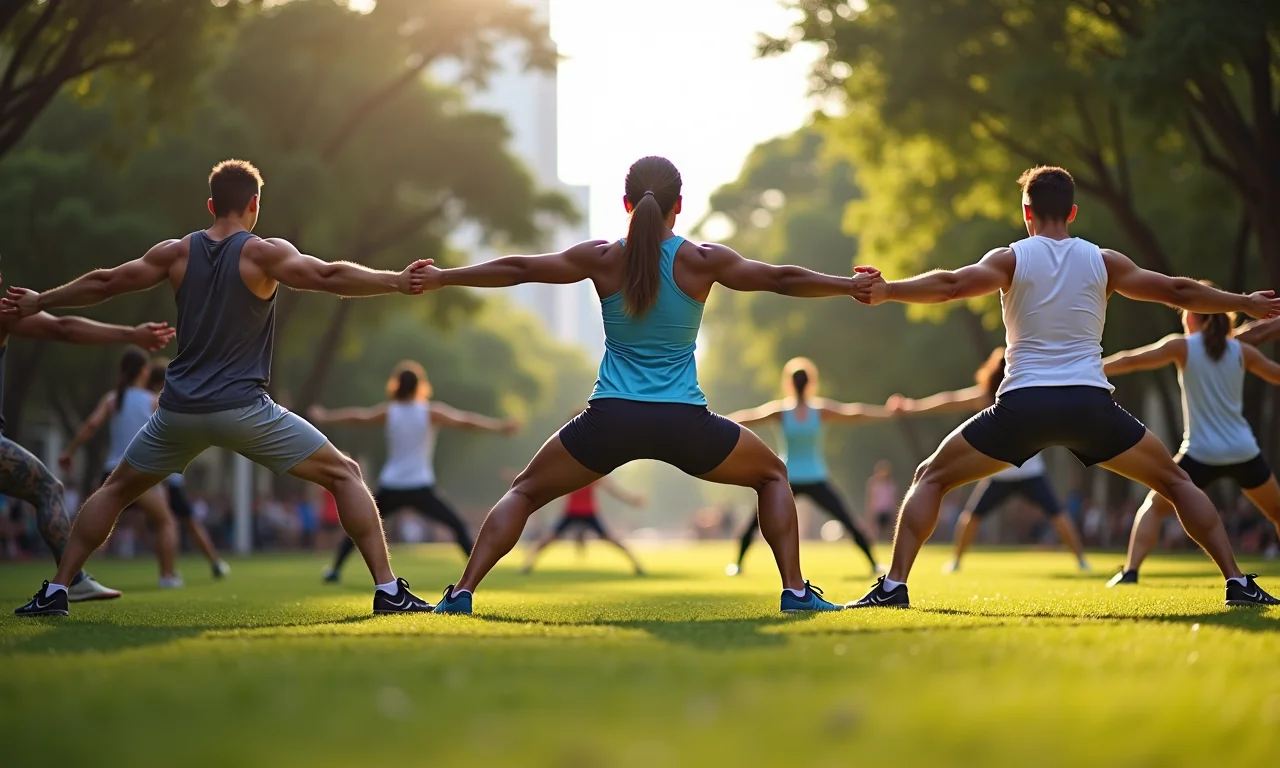 Grupo diverso praticando exercícios em parque no Rio de Janeiro.