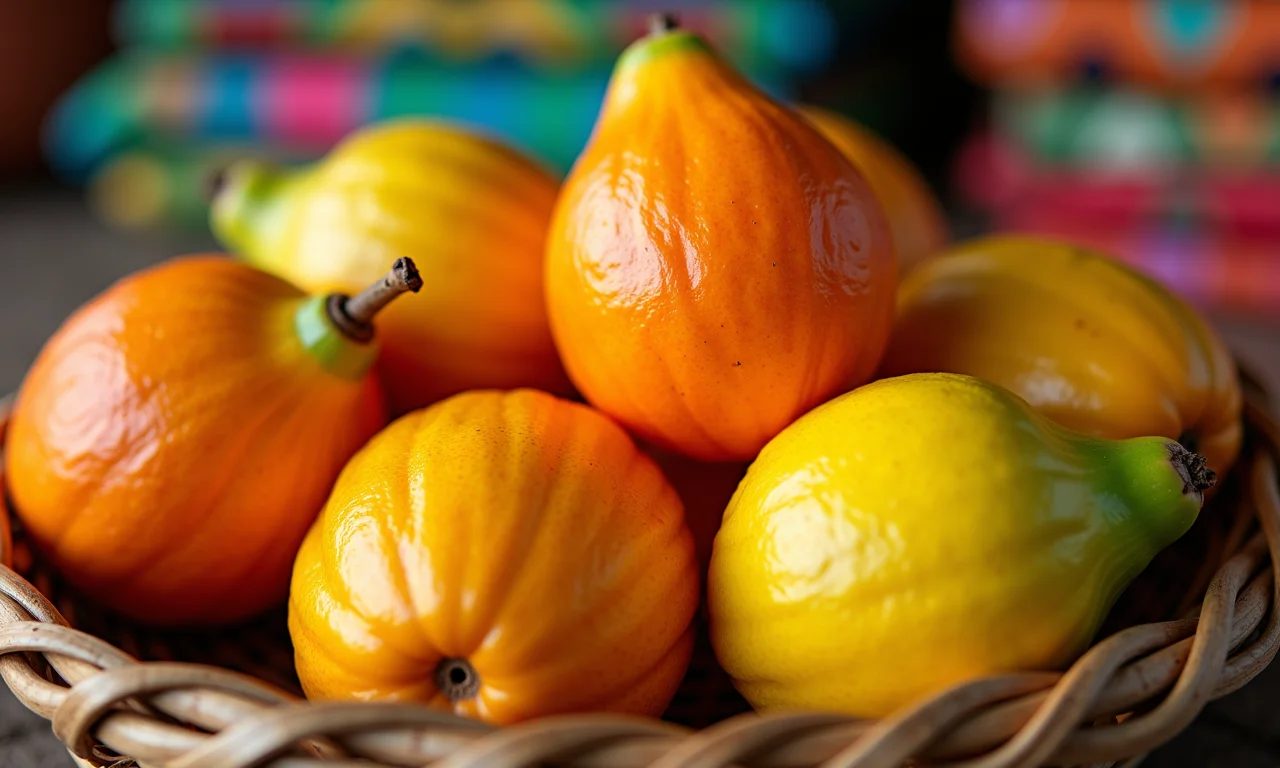 Guabijus frescos em cesta artesanal, polpa suculenta visível.