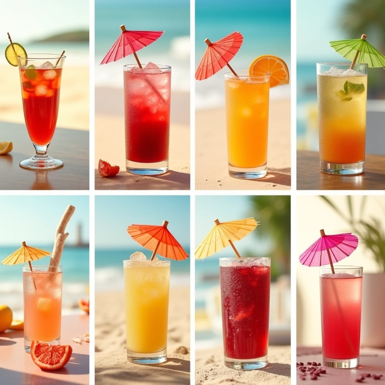 Guarda-chuvas decorando drinks em diferentes lugares.